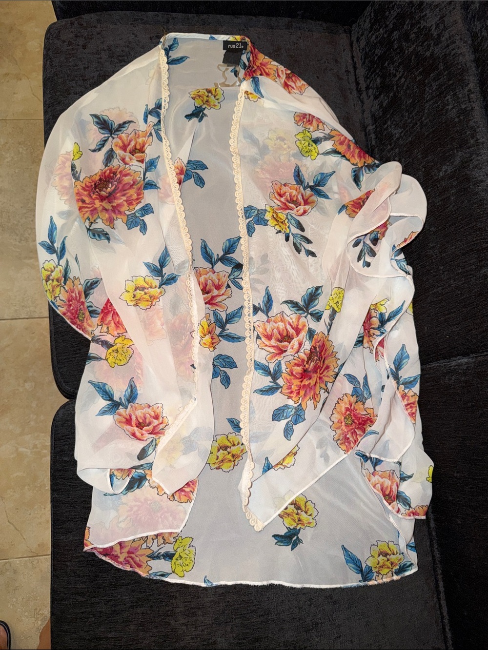 Floral Sheer Kimono Cover-Up with Lace Trim